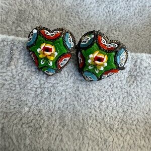 Vintage heart-shaped micro mosaic hand-made Florentine Earrings